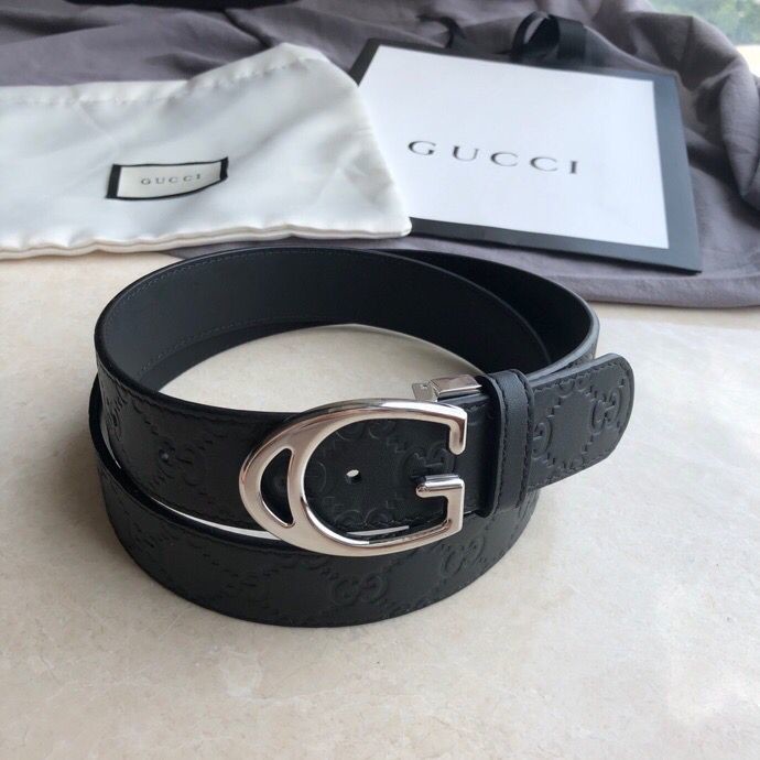 Gucci Men s cowhide embossed steel G-shaped metal buckle belt 3.5cm
