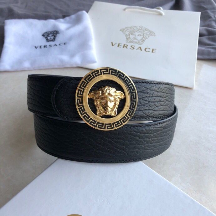 Versace Stainless Steel Medusa Hollow Metal Hanging Buckle 3.8cm Men s Black Cowhide Belt