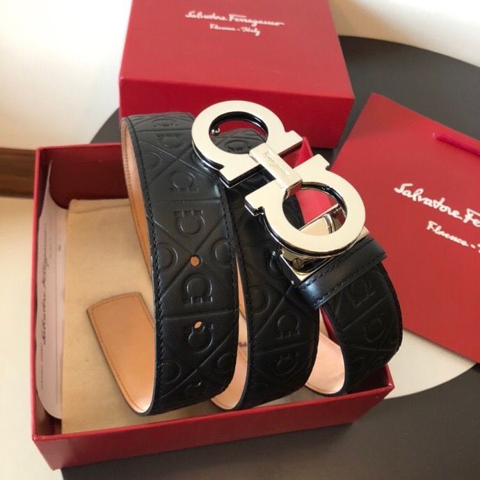 Ferragamo Men s 3.5cm exquisite metal three-layer buckle cowhide embossed bottom belt