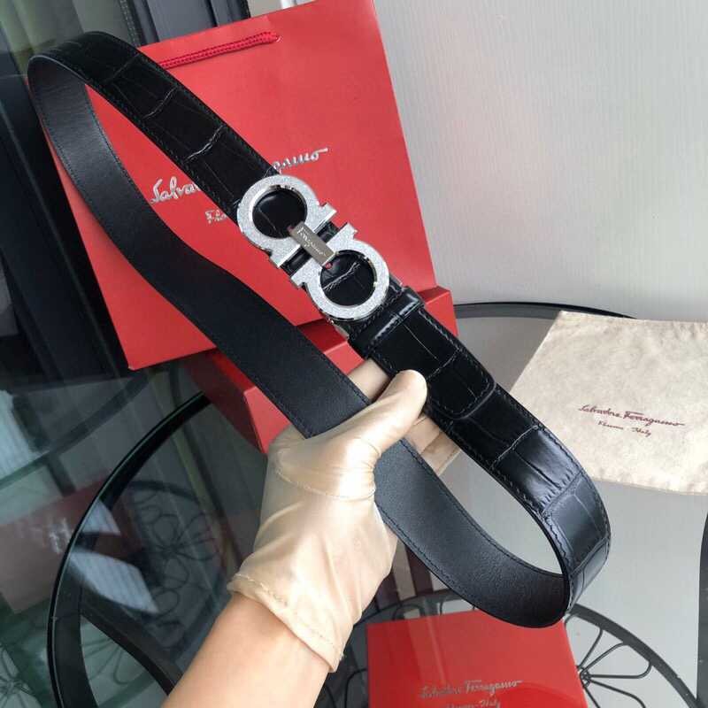 Ferragamo 3.5cm stainless steel metal buckle with cowhide crocodile pattern belt