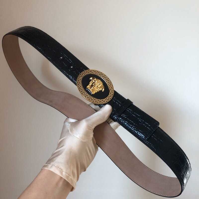 Versace Men s black cowhide crocodile pattern frosted belt 3.8cm