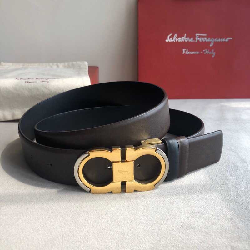 Ferragamo Men s 3.5cm Classic Metal Buckle Cowhide Cross Pattern Belt