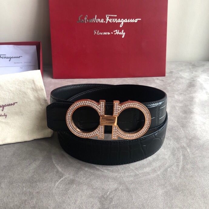 Ferragamo Men s 3.5cm stainless steel rose gold buckle leather embossed crocodile pattern belt