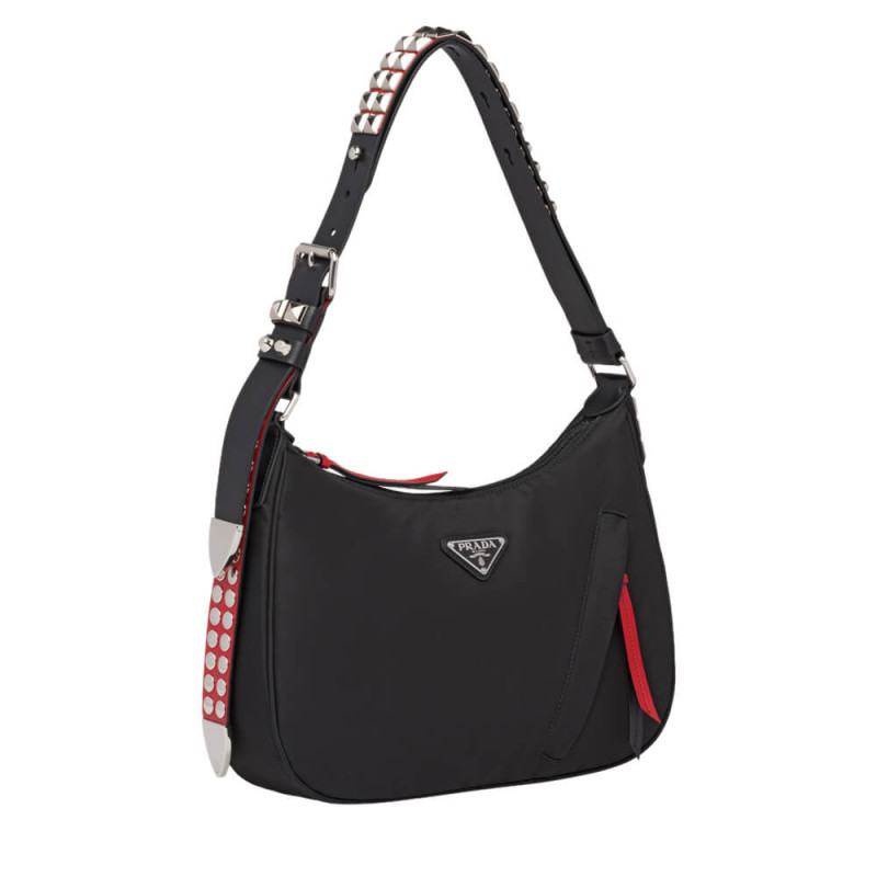 Prada Nylon Hobo Bag With Leather And Studs 1BC087