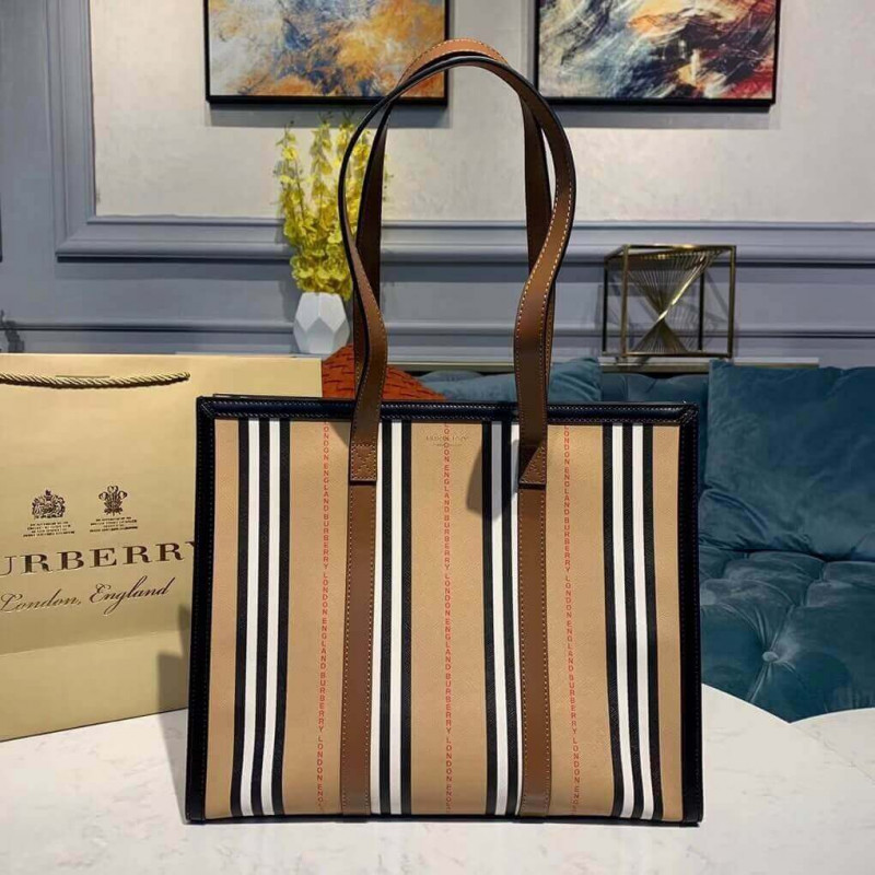 Burberry Logo and Stripe E-canvas Portrait Tote Bag 80224771