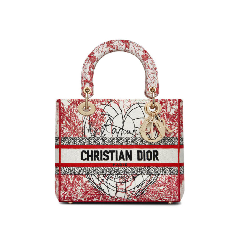 Christian Dior Medium Lady D-Lite Bag Red and White D-Royaume d'Amour Embroidery M0565