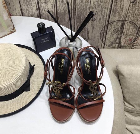 Saint Laurent YSL-CASSANDRA Logo Letter Buckle High-heeled Straw Woven Leather Wedges