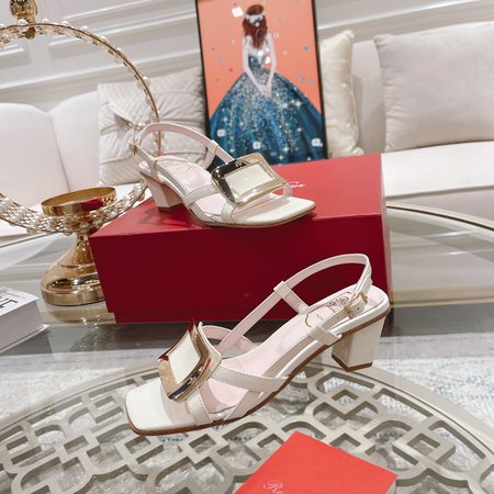 Roger Viver Belle Vivier Patent Leather Block Heel Metal Buckle Sandals