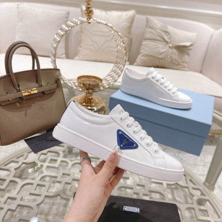 Prada Metal Logo Lace-Up Sneakers Round Toe