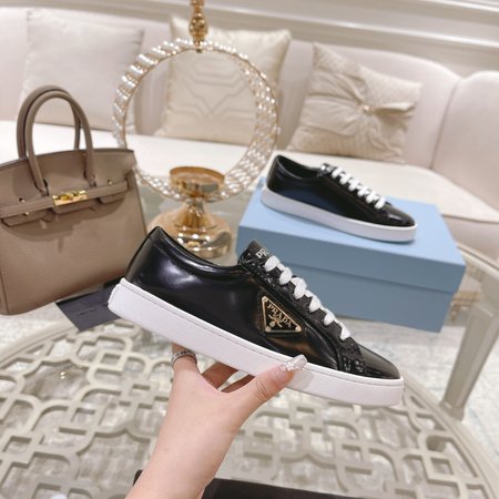 Prada Metal Logo Lace-Up Sneakers Round Toe