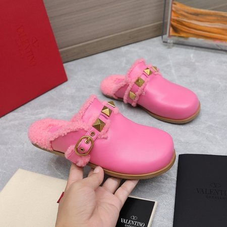 Valentino Wool studded fur slippers