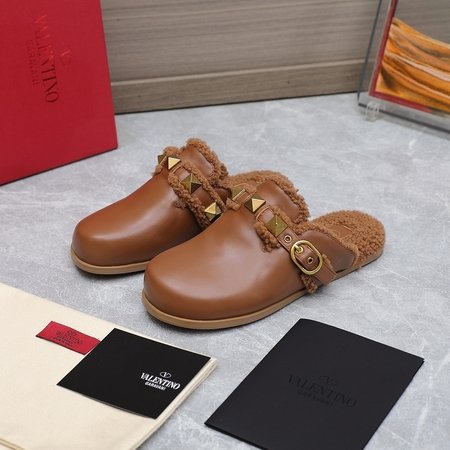 Valentino Wool studded fur slippers