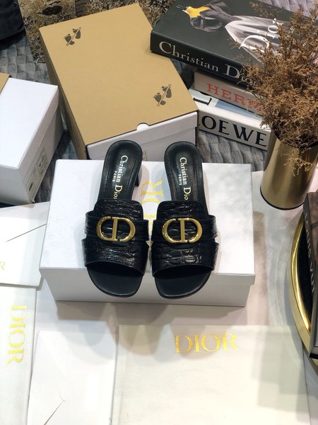 Dior CD Letter Metal Logo Flat Hollow Sandals Round Toe Thick Heel Jelly Slippers