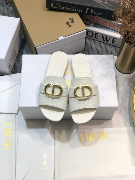 Dior CD Letter Metal Logo Flat Hollow Sandals Round Toe Thick Heel Jelly Slippers
