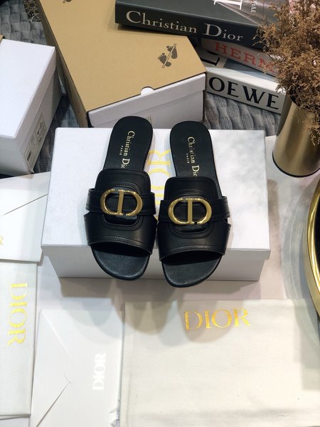 Dior CD Letter Metal Logo Flat Hollow Sandals Round Toe Thick Heel Jelly Slippers
