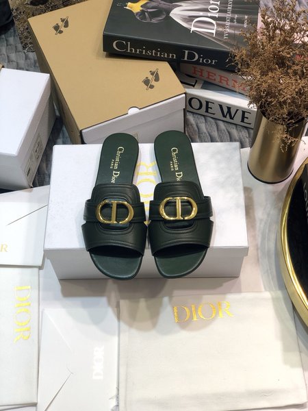 Dior CD Letter Metal Logo Flat Hollow Sandals Round Toe Thick Heel Jelly Slippers