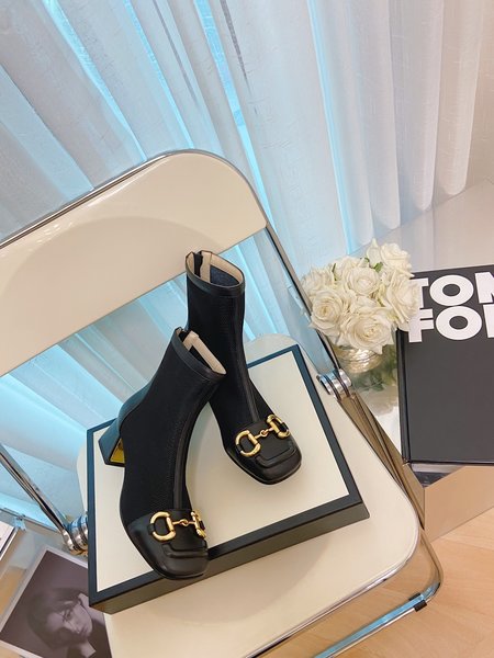 Gucci Thick heel series boots grained lambskin nylon mesh