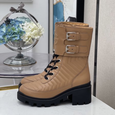 Gucci Platform Double Buckle Martin Boots Side Zipper Moto Boots Calfskin Heel Height: 5cm