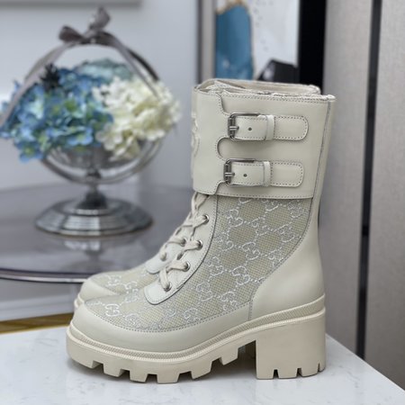 Gucci Platform Double Buckle Martin Boots Side Zipper Moto Boots Calfskin Heel Height: 5cm