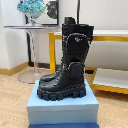 Prada Monolith strap middle boots Logo zipper pouch detachable cowhide inner cowhide