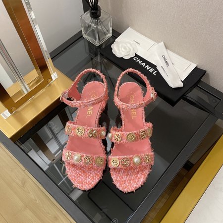 Chanel Sandals in Cotton Tweed with Jeweled Badge