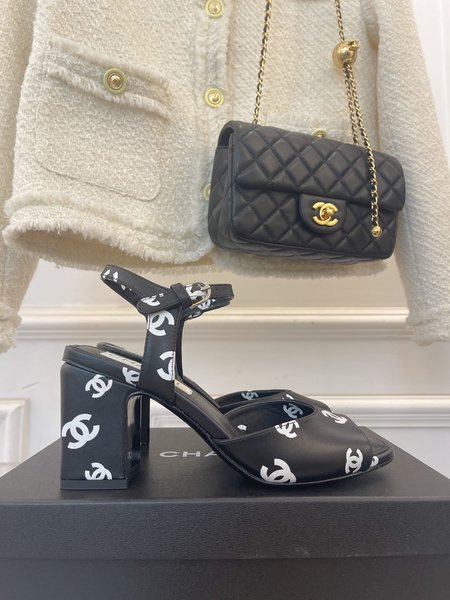 Chanel CC fish mouth block heel sandals
