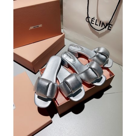 Miu Miu Sheepskin Heels Crossed Leather Slippers