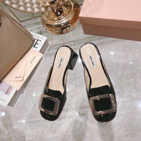 Miu Miu round toe square buckle slippers
