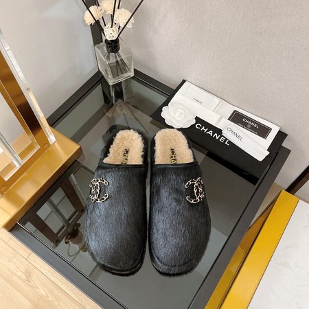 Chanel Horsehair Half Slipper Muller CC Chain Big Logo