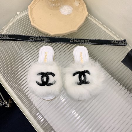 Chanel furry slippers