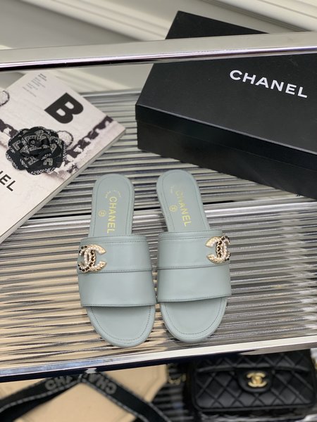 Chanel CC Buckle Leather Slippers