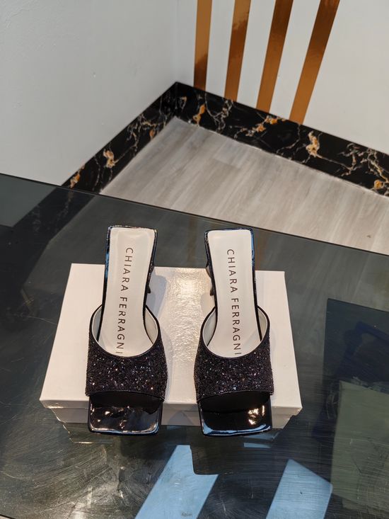 Ferragamo Glitter Mid Heel Slip On Sandals With Soft Lining