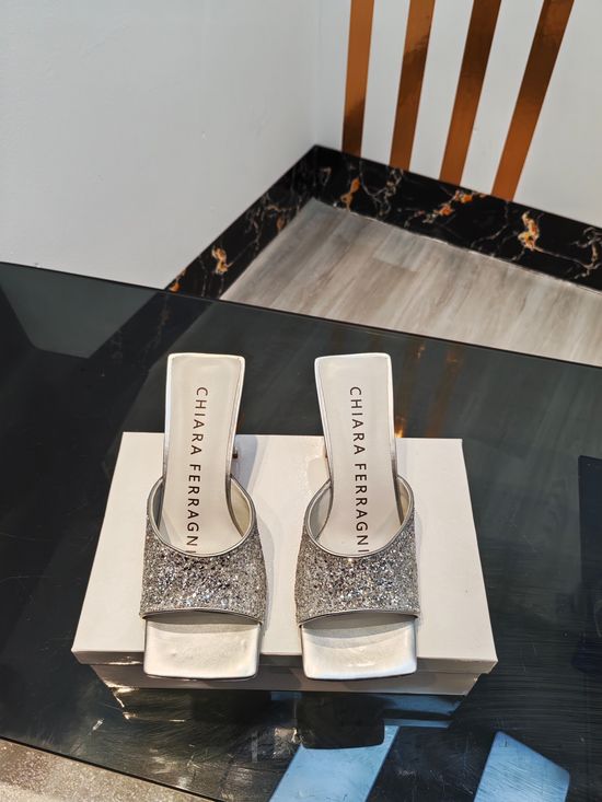 Ferragamo Glitter Mid Heel Slip On Sandals With Soft Lining