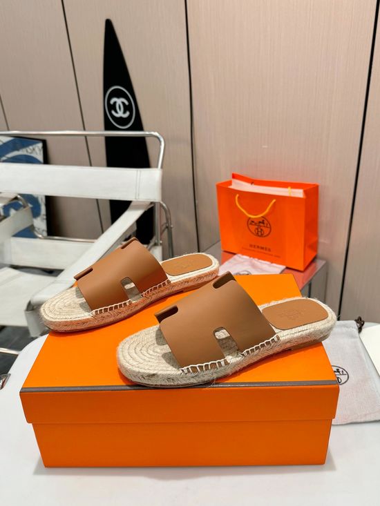 Hermes Woven Strap Genuine Leather Sole Casual Slide Slippers