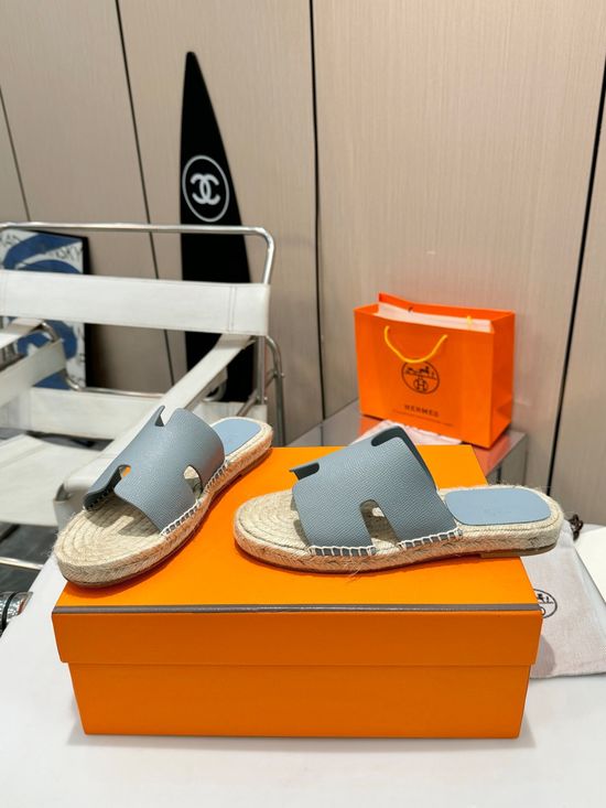 Hermes Woven Strap Genuine Leather Sole Casual Slide Slippers