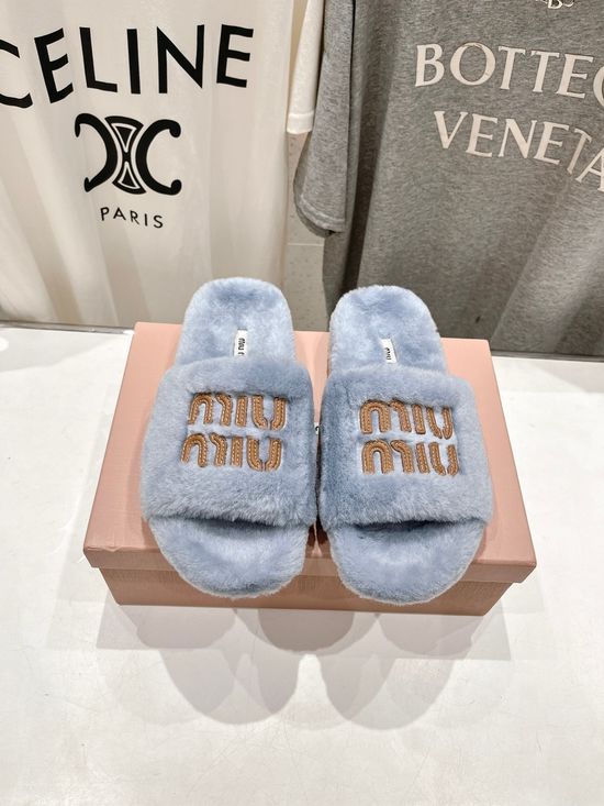 Miu Miu Soft Lamb Wool Closed Toe House Slippers Warm Cozy Lightweight