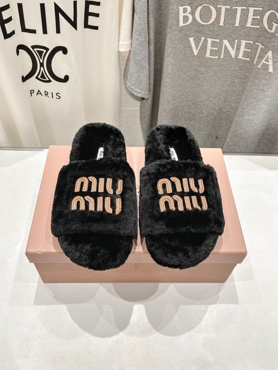 Miu Miu Soft Lamb Wool Closed Toe House Slippers Warm Cozy Lightweight