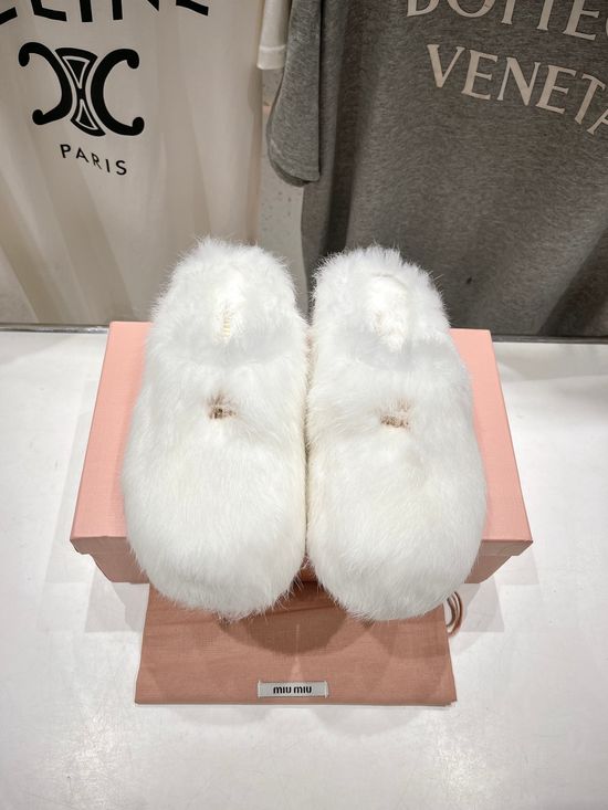 Miu Miu Real Rabbit Fur Lined Warm Cozy Slip On Slippers