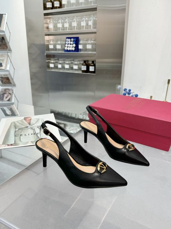 Valentino V-Buckle Mid-Heel Leather Pumps Elegant Comfortable Shoes