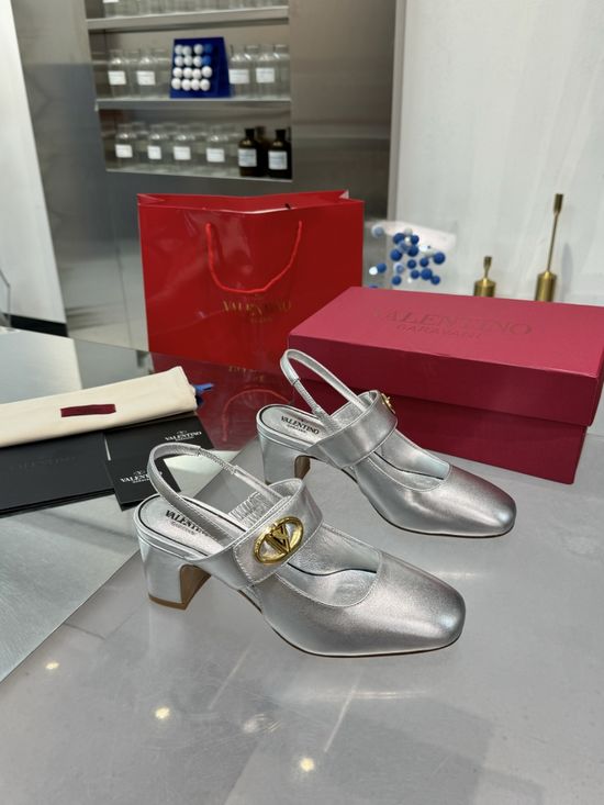 Valentino V-Buckle Slingback Leather Heels Elegant Classic Shoes