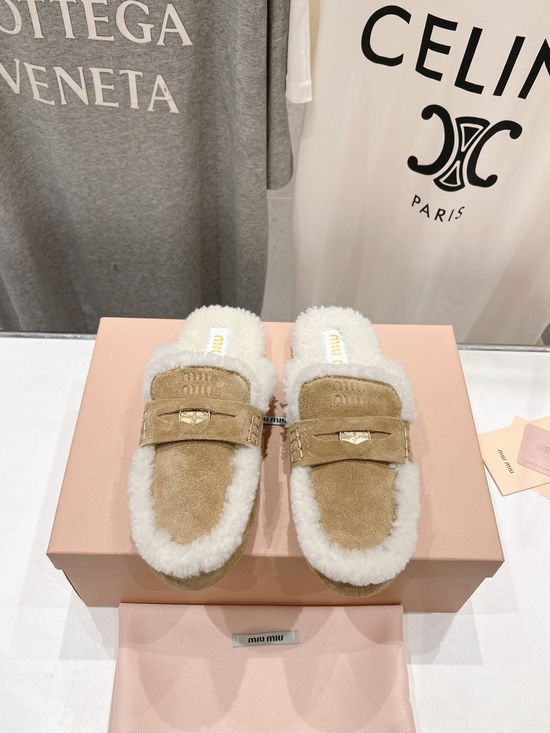 Miu Miu Classic Cozy Fuzzy Slip On Loafer Mule Slippers