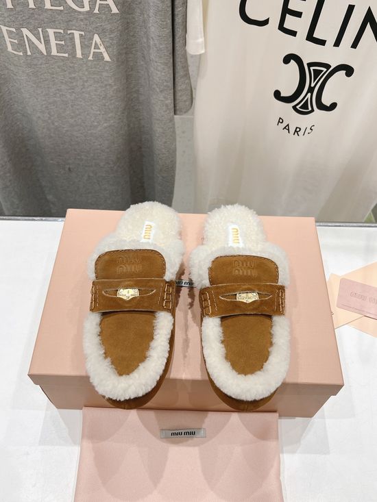 Miu Miu Classic Cozy Fuzzy Slip On Loafer Mule Slippers