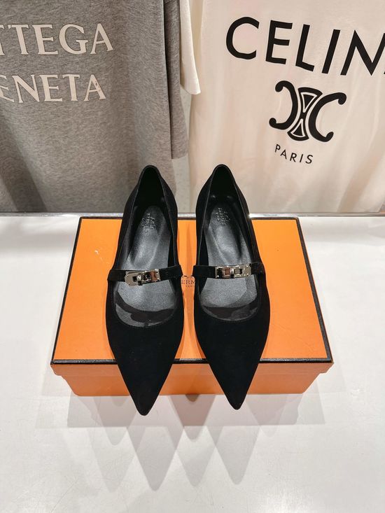 Hermes Suede Upper Pointed Toe Mary Jane Flats Comfortable Casual Shoes