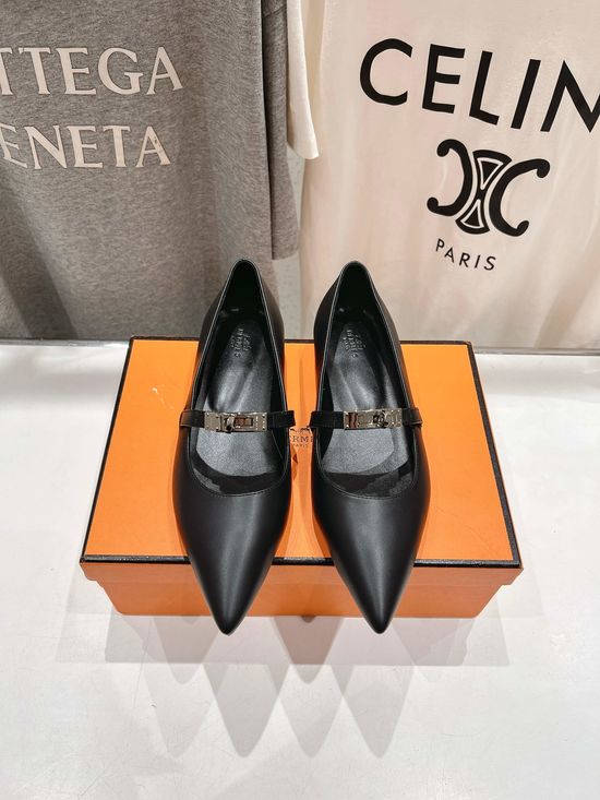 Hermes Pointed Toe Leather Upper Mary Jane Flats Comfortable Dress Shoes