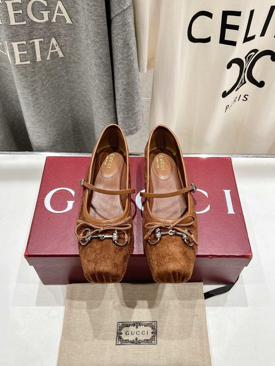 Gucci Bow Decor Square Toe Suede Leather Ballet Flats