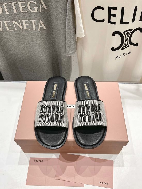 Miu Miu Premium Leather Slip on Flat Casual Sandals