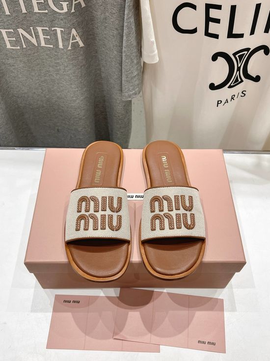 Miu Miu Premium Leather Slip on Flat Casual Sandals