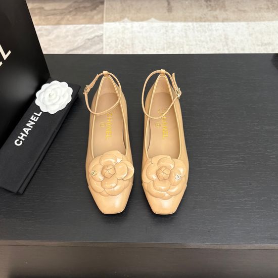 Chanel Camellia Decor Square Toe Leather Flat Mary Jane Shoes