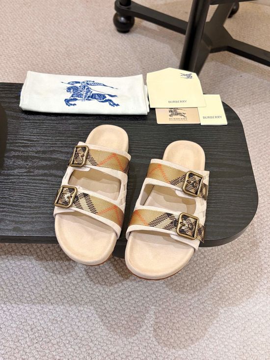Burberry Suede Adjustable Buckle Plaid Slides Soft Lining