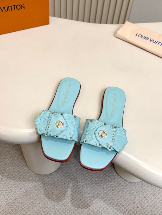 Louis Vuitton Embossed Pattern Flat Mules Rivet Decor Leather Shoes